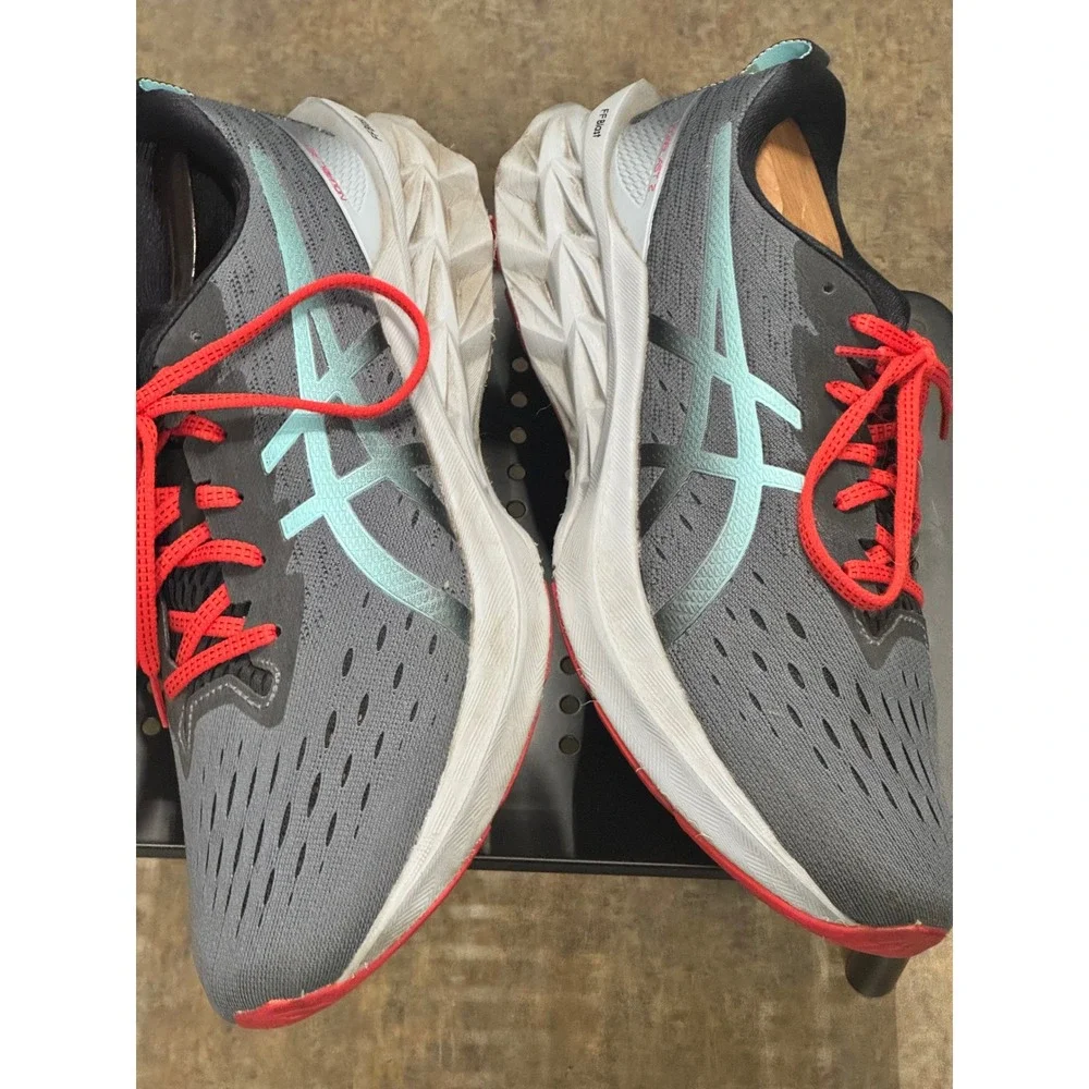 ASICS Novablast 2 Mens 12 Gray Blue Red Good Running Shoes 1011B192 Cushioned